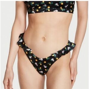Pink Victoria's Secret Ruffle Hip Bikini Bottom with Floral and Lemon Print